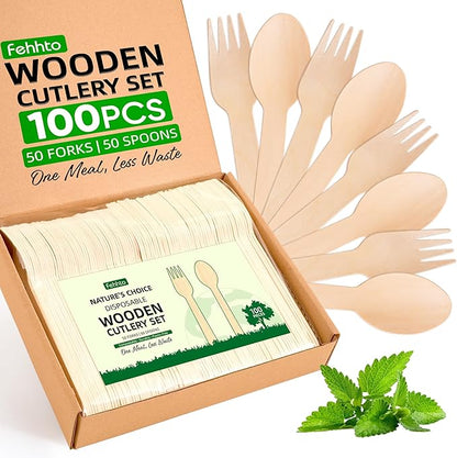 Disposable Wooden Utensils Set, Compostable Utensils, Disposable Cutlery Eco-Friendly Silverware Set for Parties, Catering, Office Lunches-100 PCS (50 Forks, 50 Spoons)