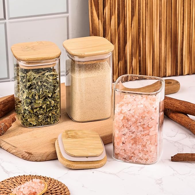 6oz Glass Spice Jars with Bamboo Lid and Label, 12 Pack Square Glass Container, Small Food Storage Containers for Kitchen, Clear Empty Seasoning Jar for Sugar, Salt, Coffee Bean, Herb, Borosilicate - Image 4