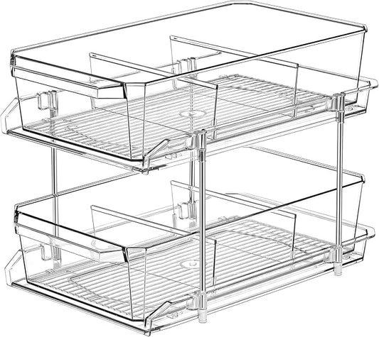 2 Tier Clear Organizer with Dividers for Cabinet, Shlef, Counter - MultiUse Slide-Out Storage Container - Kitchen, Pantry, Medicine Cupboard Bins, Bathroom, Vanity Makeup, Under Sink Organizing by MakeLifeBetterEasier