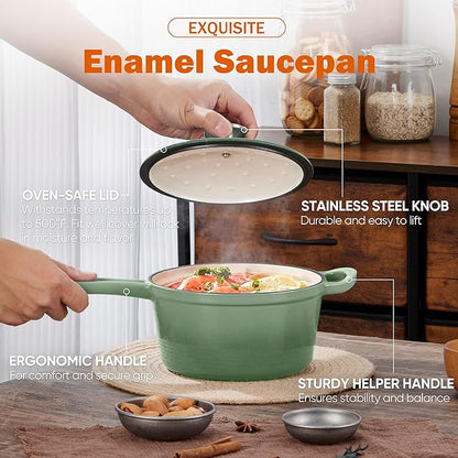 Homikit 2 Quart Saucepan with Lid, Enameled Cast Iron Small Sauce Pan Cooking Pot for Soup, Milk, Pasta, Nonstick Enamel Dutch Oven for All Cooktops, Heat Resistant Up to 500°F, Sage Green