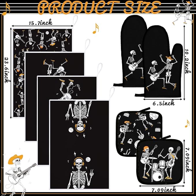 Leinuosen 8 Pcs Skull Kitchen Decor Set Kitchen Towels Gothic Oven Mitts and Pot Holders Skeleton Hand Dish Towels Horror Oven Mitts for Home Decoration Party Gifts (Modern Color,Music) - Image 3
