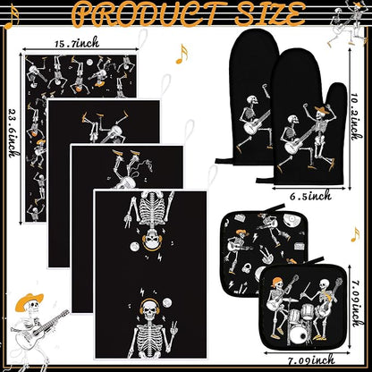 Leinuosen 8 Pcs Skull Kitchen Decor Set Kitchen Towels Gothic Oven Mitts and Pot Holders Skeleton Hand Dish Towels Horror Oven Mitts for Home Decoration Party Gifts (Modern Color,Music) - Image 3