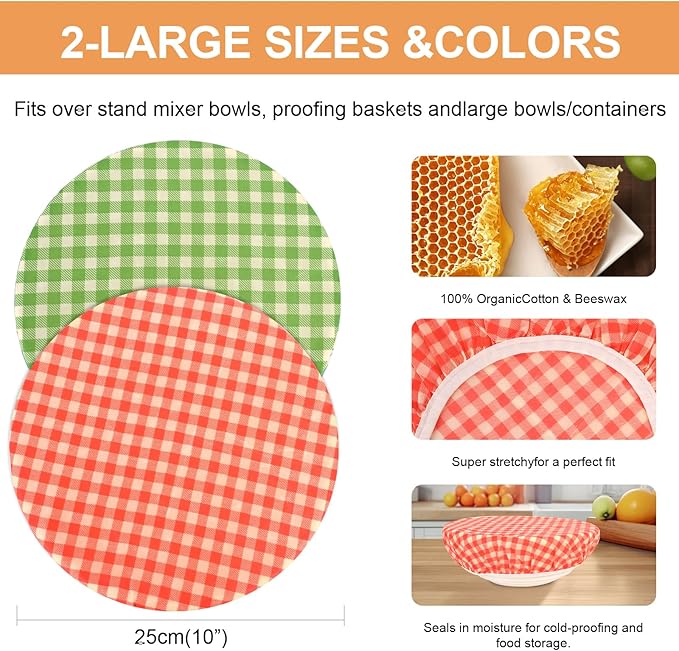 Reusable Bowl Covers for Bread Proofing（2 Large）- Cotton Beeswax Bowl Covers Reusable with Elastic Rim, Sourdough Bowl Cover for Food Storage and Food Preservation (10INCH) (checkered)