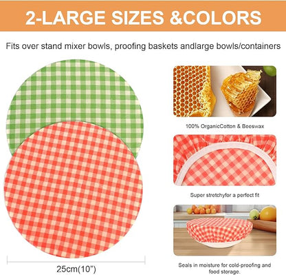 Reusable Bowl Covers for Bread Proofing（2 Large）- Cotton Beeswax Bowl Covers Reusable with Elastic Rim, Sourdough Bowl Cover for Food Storage and Food Preservation (10INCH) (checkered)