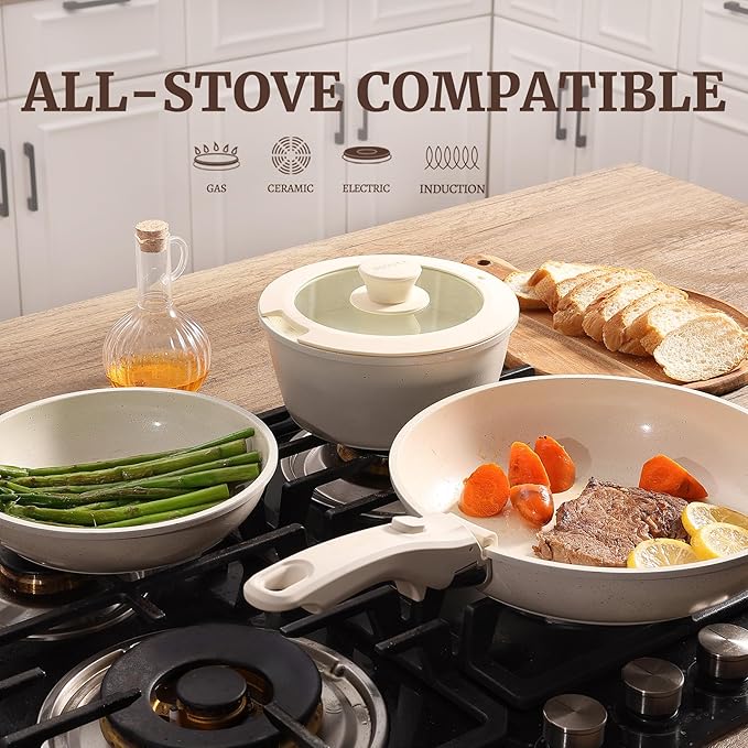BECIGAR 8pcs Ceramic Pots and Pans Set, Non Stick Cookware Set, Detachable Handle Cookware, Induction Kitchen Cooking Set with Removable Handle,Oven Safe, Induction Fast, Stackable Cookware Set - Image 5