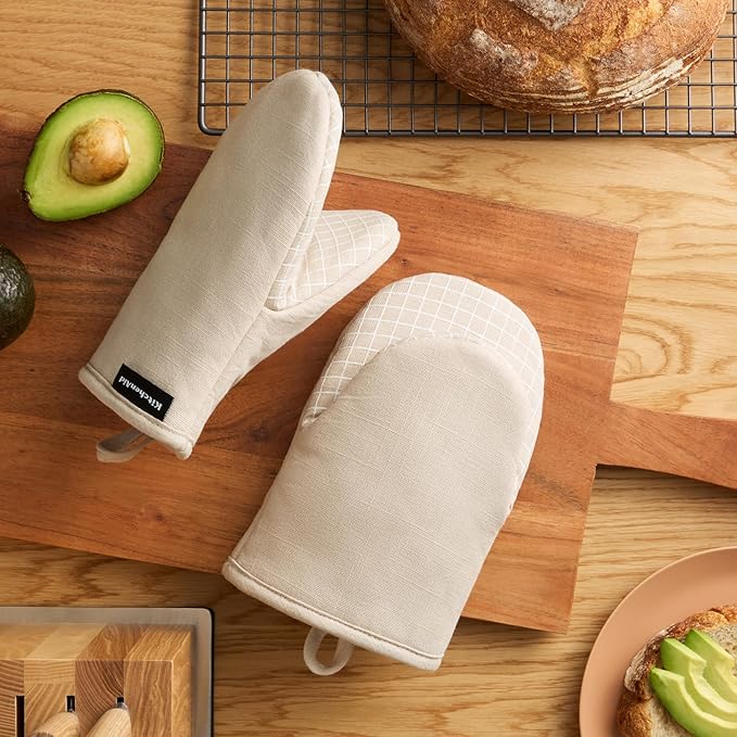 KITCHENAID Gourmet Series Gridlines Mini Oven Mitts 2-Pack Set, Heat Resistant up to 600°F, Soft Silicone Grip, Magnetic Cuff, Milkshake Tan, 5.5"x9" - Image 2