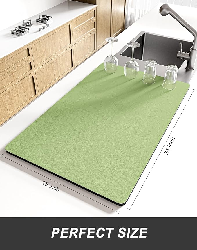 Rnivvi Dish Drying Mat for Kitchen Counter, XL 15 x 24" Super Absorbent Drainer Pad Easy Clean Dish Rack Pad, Non-Slip Heat Resistant Coffee Bar Mat for Coffee Machine Station Accessories Decor, Green - Image 2