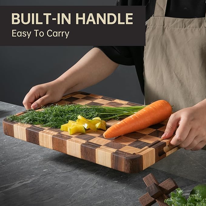 Checkered Cutting Boards for Kitchen, Acacia Wooden Chopping Board with Juice Grooves & Handles, Thickened Butcher Block for Meat, Vegetables and Fruits with Gift Box, 16" x 11" x 1.4" - Image 2