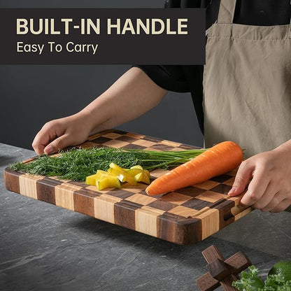 Checkered Cutting Boards for Kitchen, Acacia Wooden Chopping Board with Juice Grooves & Handles, Thickened Butcher Block for Meat, Vegetables and Fruits with Gift Box, 16" x 11" x 1.4" - Image 2