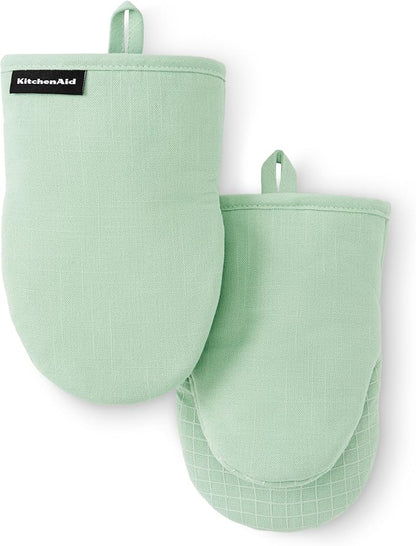 KITCHENAID Gourmet Series Gridlines Mini Oven Mitts 2-Pack Set, Heat Resistant up to 600°F, Soft Silicone Grip, Magnetic Cuff, Pistachio Green, 5.5"x9" by KitchenAid