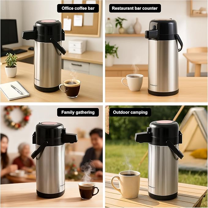 TOMAKEIT Airpot Coffee Dispenser with Pump,102 OZ/ 3L Large Coffee Dispenser with Tea Filter for Party Hot Drinks Water Tea Chocolate Hot/Cold Water, Insulated Stainless Steel Thermal Carafes - Image 7