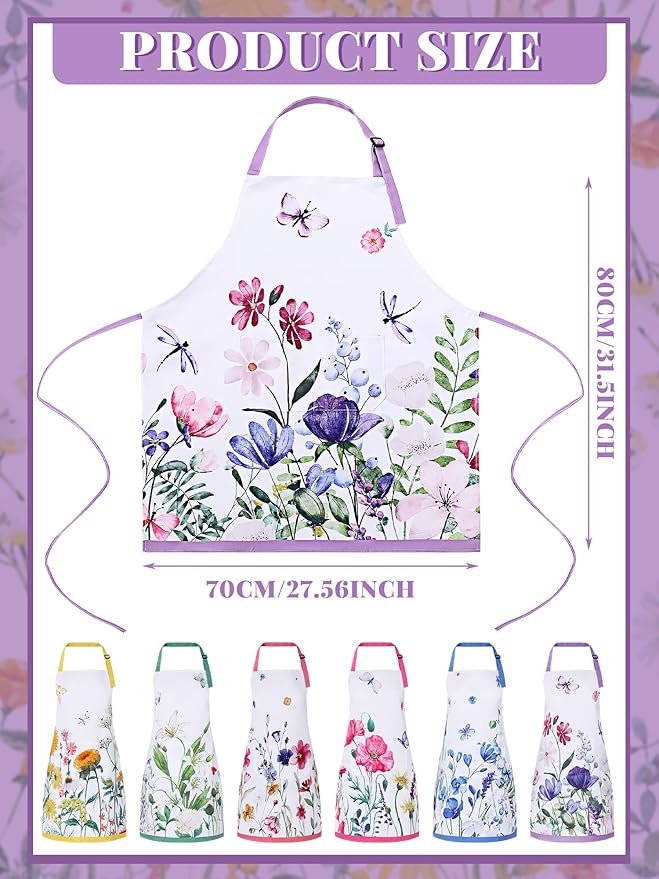 Bencailor 6 Pcs Spring Kitchen Aprons with Pockets Flower Rooster Bee Butterfly Sunflower Summer Aprons Bulk for Women(Multicolored,Spring Floral) - Image 3