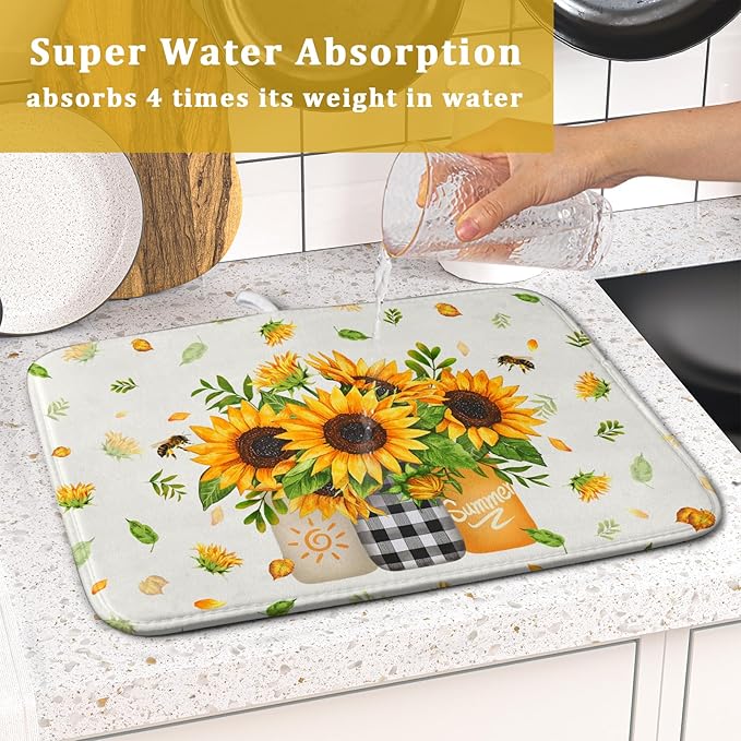 Giwawa Sunflower Vases Dish Drying Mat for Countertop, 16"x18" Summer Bee Floral Mason Jar Dish Drainer Mats, Fast Dry Microfiber Reversible Small Dish Drying Pad Kitchen Decoration