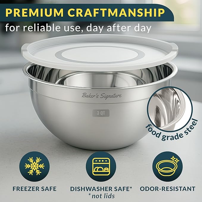Baker's Signature Stainless Steel Mixing Bowls With Lid, Metal Mixing Bowl Set Of 3, Nesting Set For Food Prep, Baking,Storage, Cooking, Serving | Dishwasher Safe, Silver, 1.5/3/5 Qt - Image 3