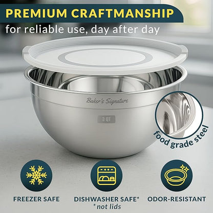 Baker's Signature Stainless Steel Mixing Bowls With Lid, Metal Mixing Bowl Set Of 3, Nesting Set For Food Prep, Baking,Storage, Cooking, Serving | Dishwasher Safe, Silver, 1.5/3/5 Qt - Image 3