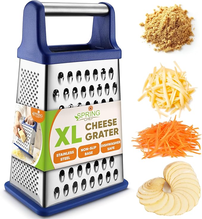 Spring Chef Stainless Steel XL Parmesan Cheese Grater with Handle - 4 Sided Metal Box Grater for Kitchen - Dishwasher Safe Potato Shredder for Hash Browns, Potato, Carrot, Vegetables - Sapphire by SpringChef