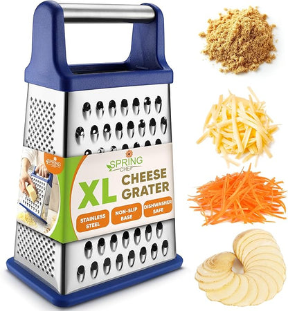 Spring Chef Stainless Steel XL Parmesan Cheese Grater with Handle - 4 Sided Metal Box Grater for Kitchen - Dishwasher Safe Potato Shredder for Hash Browns, Potato, Carrot, Vegetables - Sapphire by SpringChef