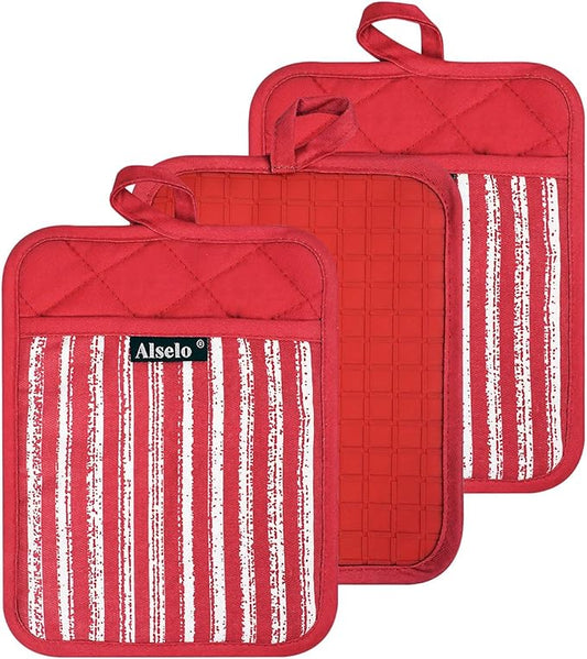 Alselo Silicone Pot Holders Set of 3 Heat Resistant & Non Slip Potholders, Professional Oven Hot Pads with Pockets Mitts for Kitchen Cooking Baking Barbecue (3, Red) by Alselo-Enjoyahealthylife
