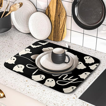 Halloween Dish Drying Mat for Kitchen Counter 16x18 Cute Ghost Black Spooky Holiday Scary Theme Absorbent Reversible Microfiber Drying Mats Kitchen Countertop Protector Dishes Drainer Pad - Image 5