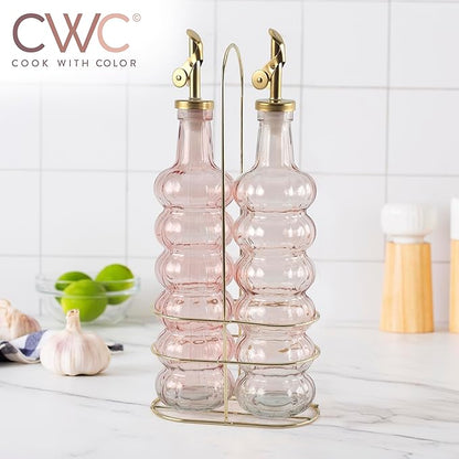 COOK WITH COLOR Glass Olive Oil Bottle Dispenser - 2 Pack- 17oz Oil and Vinegar Cruet - Olive Oil Carafe Decanter for Kitchen, Elegant Waves, Pink - Image 6