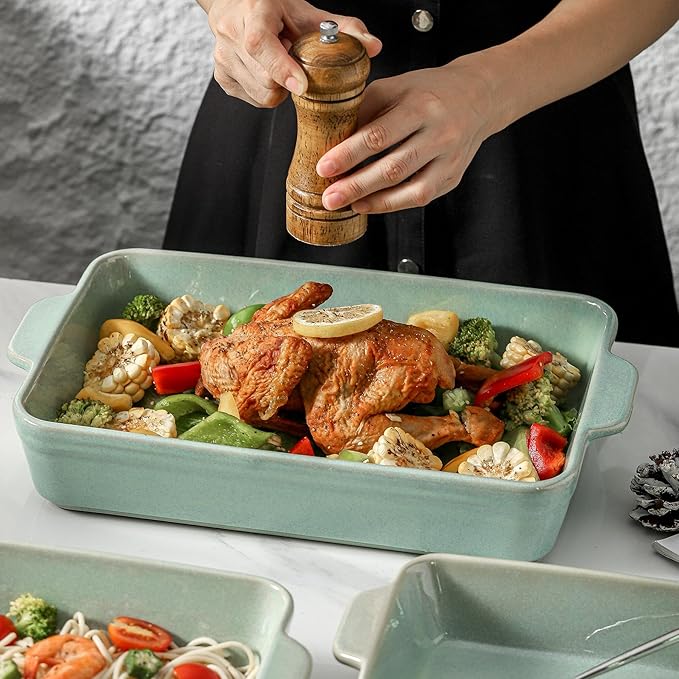 HVH 9x13 Baking Dish Set, Large Casserole Dishes for Oven, Ceramic Bakeware Set of 3, Rectangular Lasagne Pan Deep for Baking (Turquoise) - Image 2