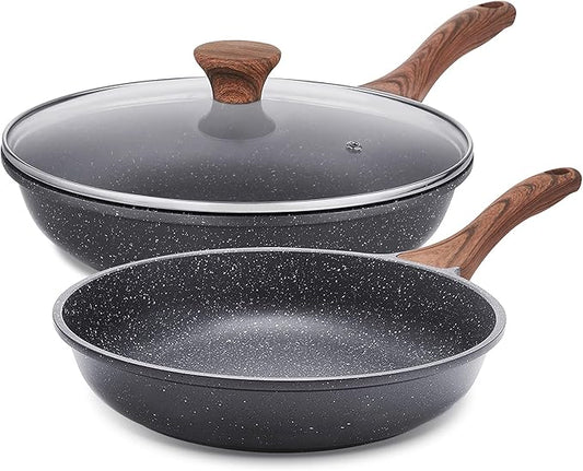 SENSARTE Nonstick Frying Pan Skillets, Swiss Granite Coating Omelette Pans, Healthy Cookware Chef's Pan, Free of Intentionally Added PFOA (8+11Inch with Lid) by SENSARTE