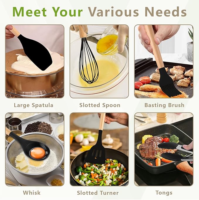 SAKAMOSH Silicone Cooking Utensils Set with Holder, 12 Pcs Heat Resistant Kitchen Utensils Set with Wooden Handle, BPA-free Spatula, Tongs, Spoons Set for Nonstick Cookware, Black