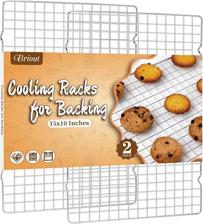 Briout 2PCS Cooling Racks for Cooking and Baking - 15x10 Inches Heavy Duty Stainless Steel Wire Rack for Baking, Grilling, Roasting - Oven & Dishwasher Safe - Fits Jelly Roll Sheet Pan-Silver by Briout
