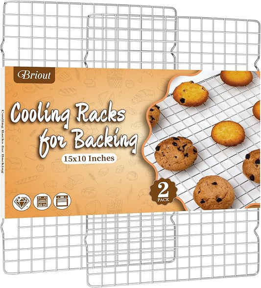 Briout 2PCS Cooling Racks for Cooking and Baking - 15x10 Inches Heavy Duty Stainless Steel Wire Rack for Baking, Grilling, Roasting - Oven & Dishwasher Safe - Fits Jelly Roll Sheet Pan-Silver by Briout