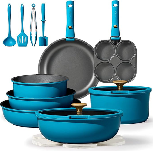 CAROTE 21pcs Pots and Pans Set, Nonstick Cookware Set Detachable Handle, Induction Kitchen Cookware Sets Non Stick with Removable Handle, RV Cookware Set, Peacock Blue by CAROTE