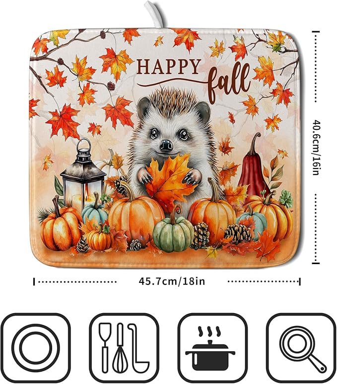 Happy Fall Dish Drying Mat - Cute Hedgehog Absorbent Drying Pad for Kitchen Counter - Image 2