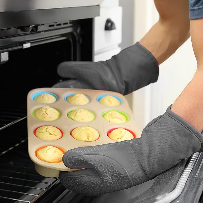 BPA-Free Soft Silicone Oven Mitts - Ultra Heat Resistant Oven Mitts with Thick Cotton Liner - Long Slip Resistant Pot Holders, Flexible Oven Gloves - Gray 13.7" - Image 8