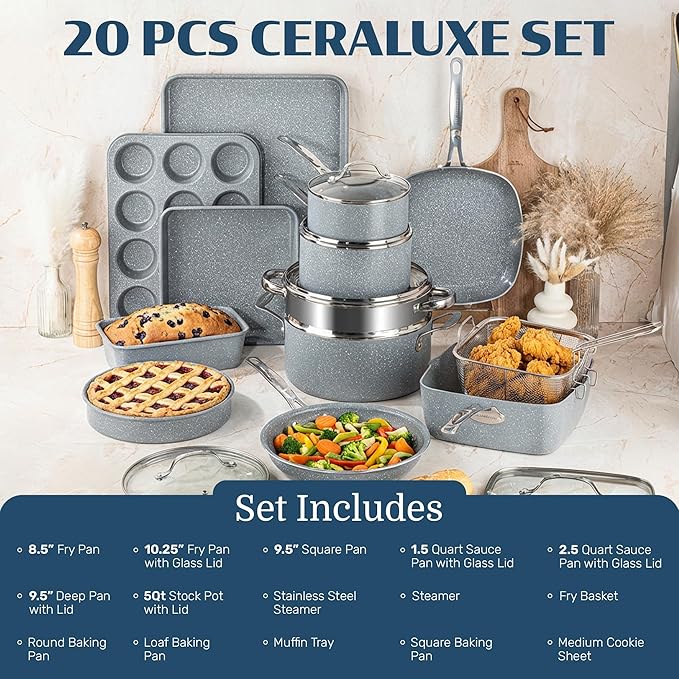 Granitestone Ceraluxe 20 Pc Ceramic Cookware Set Nonstick, Complete Pots and Pans Set Non Stick with 5 Pc Bakeware Set, Deep Frying Pan Set, & Steamer, Non Toxic PFOA Free, Oven & Dishwasher Safe - Image 2