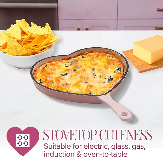 Paris Hilton Enameled Cast Iron Heart Skillet Pan, Superior Heat Retention, Oven Safe, Long-Lasting Enamel, 10-Inch, Pink - Image 3