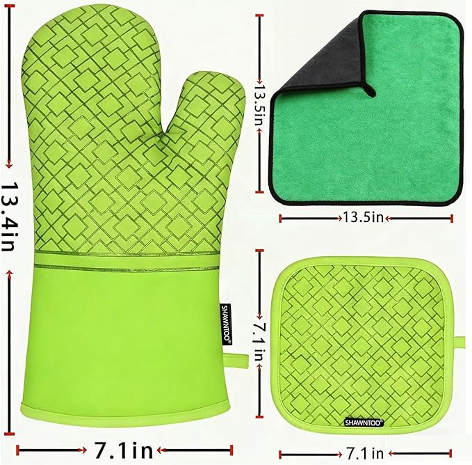 Oven Mitts and Pot Holders Sets 6pcs, Kitchen Oven Glove,High Heat Resistant 550 Degree Extra Long Oven Mitts and Potholders with Non-Slip Silicone Surface for Home Essentials (Grey) (Meadow Green) - Image 3