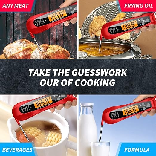 Therm Pro® Chef Meat Thermometer Digital, 1 Sec Instant Read, NIST® Certified Accurate to ±0.5℉, Ultra Bright LED Screen, IP67, Auto-Rotate, for BBQ, Turkey, Candy, Liquids Valentine's gift Cherry Red