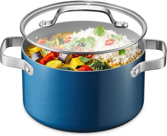 Bakken 5 Quart Ceramic Coated Stock Pot with Lid, Easy to Clean Nonstick Pot, Tempered Glass Lid, Riveted Stainless Steel Handles, Oven Safe Up To 500°F, PTFE & PFAS Free, All Stove Compatible, Blue by BAKK%C3%8BNMASTER
