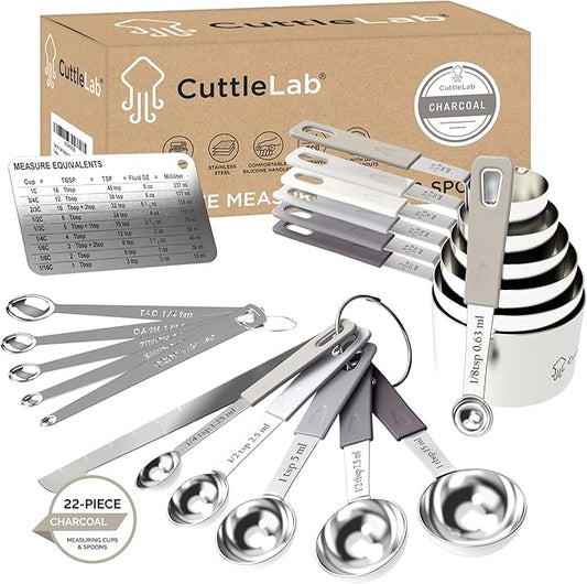 CuttleLab 22-Piece Stainless Steel Measuring Cups and Spoons Set, Tad Dash Pinch Smidgen Drop Mini Measuring Spoons, Measuring Stick Leveler, Measurement Conversion Chart Fridge Magnet, (Charcoal) by CuttleLab