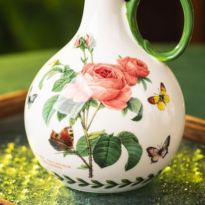 Ceramic Olive Oil Dispenser, 27 oz Floral Pattern Cruet with Auto-Close Spout, 9.45" Tall, Decorative Oil and Vinegar Bottle (pink rose)