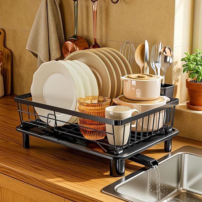 MOUKABAL Dish Drying Rack, Dish Rack, Stainless Steel Dish Racks for Kitchen Counter, Dish Drainer with Removable Utensil Holder, Drainboard (Black,11''W x 15''L) - Image 6