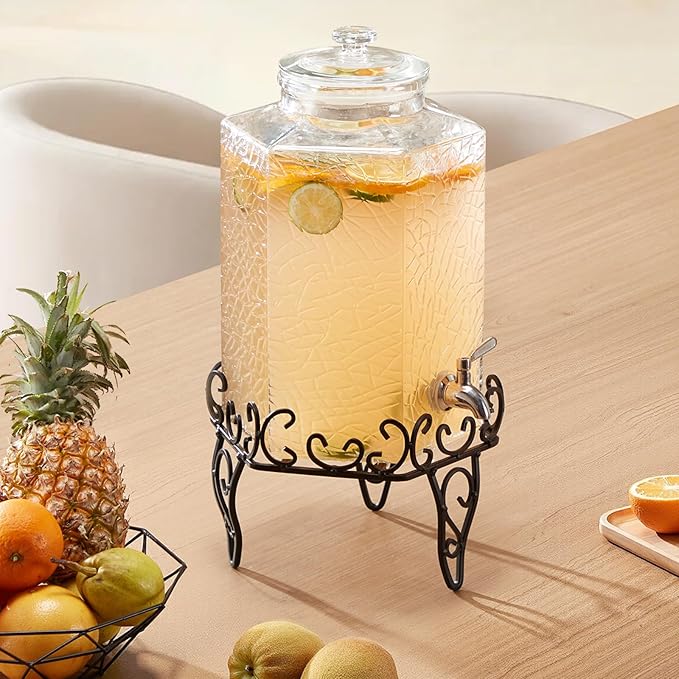 VEVOR Beverage Dispenser, 2.5 Gallon Drink Dispensers for Parties, Glass Juice Dispenser with Metal Stand, Stainless Steel Spigot, Iced Tea Lemonade Juice Water Dispensers for Parties