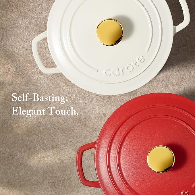 CAROTE Enameled Cast Iron Dutch Oven Pot with Lid, 4 QT Dutch Ovens, Heavy-Duty Cast Iron Pot for Sourdough Bread Baking, Braising, Stews, Roasting, Healthy & Non-Toxic, Dual Handles, All Stovetop Compatible, Oven Safe up to 500° F, Red - Image 6