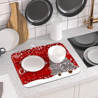 Merry Christmas Tree Red Dish Drying Mat for Kitchen Counter,Winter Snowflake Pine Drying Mat 16 x 18 Inch with Absorbent Reversible Microfiber Dish Drying Pad for Coffee Bar - Image 6