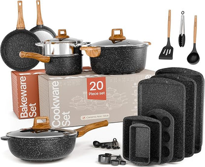 Bakken Master 20 Piece Cookware Set - Pots and Pans with Handle Grips and Tempered Glass Lids, With 6-piece Bakeware Set, Nonstick Granite Coating, Ceramic Max Temperature (Up To 500°F), Marble Color by BAKK%C3%8BNMASTER