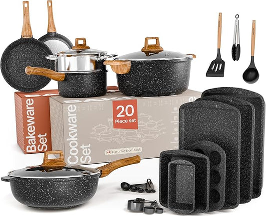 Bakken Master 20 Piece Cookware Set - Pots and Pans with Handle Grips and Tempered Glass Lids, With 6-piece Bakeware Set, Nonstick Granite Coating, Ceramic Max Temperature (Up To 500°F), Marble Color by BAKK%C3%8BNMASTER