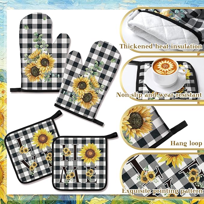 Bencailor 12 Pcs Farmhouse Sunflower Kitchen Decor and Accessories Sets 4 Black and White Check Kitchen Towels 4 Absorbent Dishcloths 2 Pot Holders 2 Oven Mitts Gloves for Home Decor Mom Gifts
