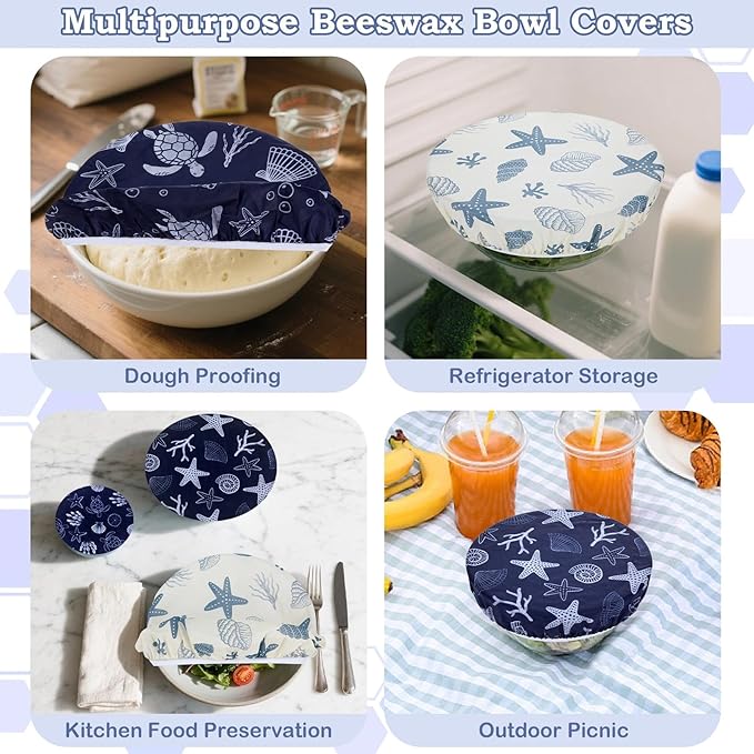 5-Size Reusable Beeswax Bowl Covers for Bread Proofing, Cotton Cloth Flexible Beeswax Wraps for Food Storage(Ocean Series) - Image 5