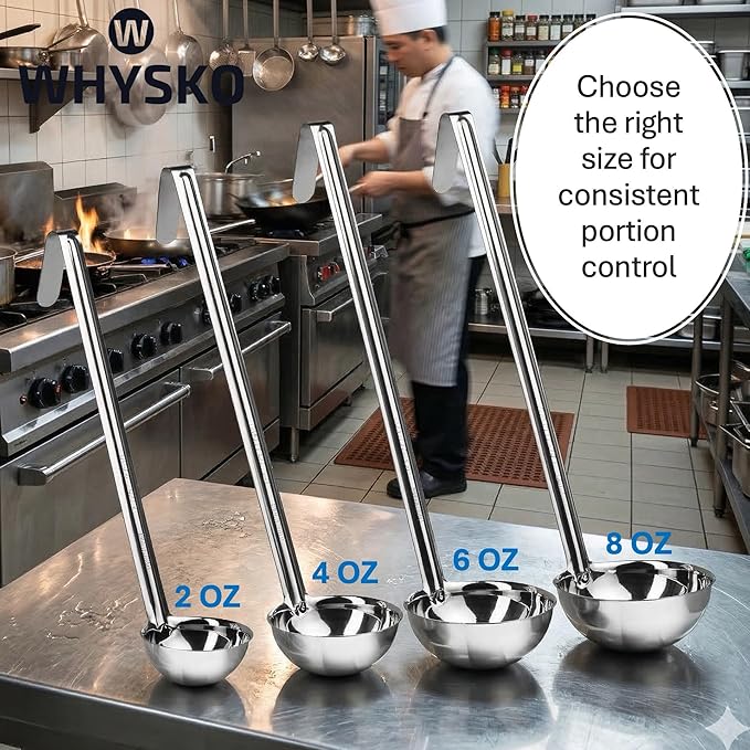 Whysko Soup Ladle Stainless Steel, 6 oz Metal Ladle Spoon, Rustproof Heat Resistant Materials for Cooking and Serving Soups and Sauces, Commercial Grade for Restaurants Catering and Kitchen Essentials
