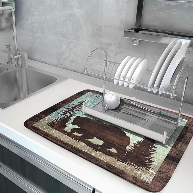 Giwawa Retro Brown Bear Forest Cabin Dish Drying Mat Countertop 18x24 Fall Blue Sky Cloud Cartoon Wild Animal Bushes Drainer Mat Pine Tree Grass Dishes Pad Rustic Floral Dish Drainer Rack Wildlife
