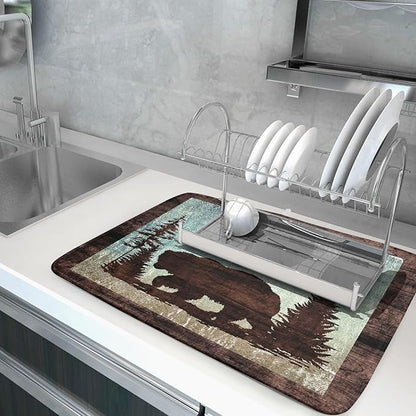 Giwawa Retro Brown Bear Forest Cabin Dish Drying Mat Countertop 18x24 Fall Blue Sky Cloud Cartoon Wild Animal Bushes Drainer Mat Pine Tree Grass Dishes Pad Rustic Floral Dish Drainer Rack Wildlife
